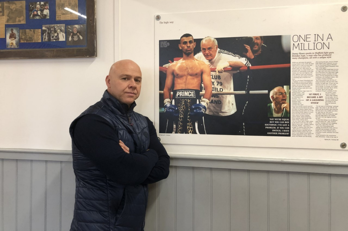 Dominic Ingle with a story on Brendan Ingle (by your author) that hangs in their gym