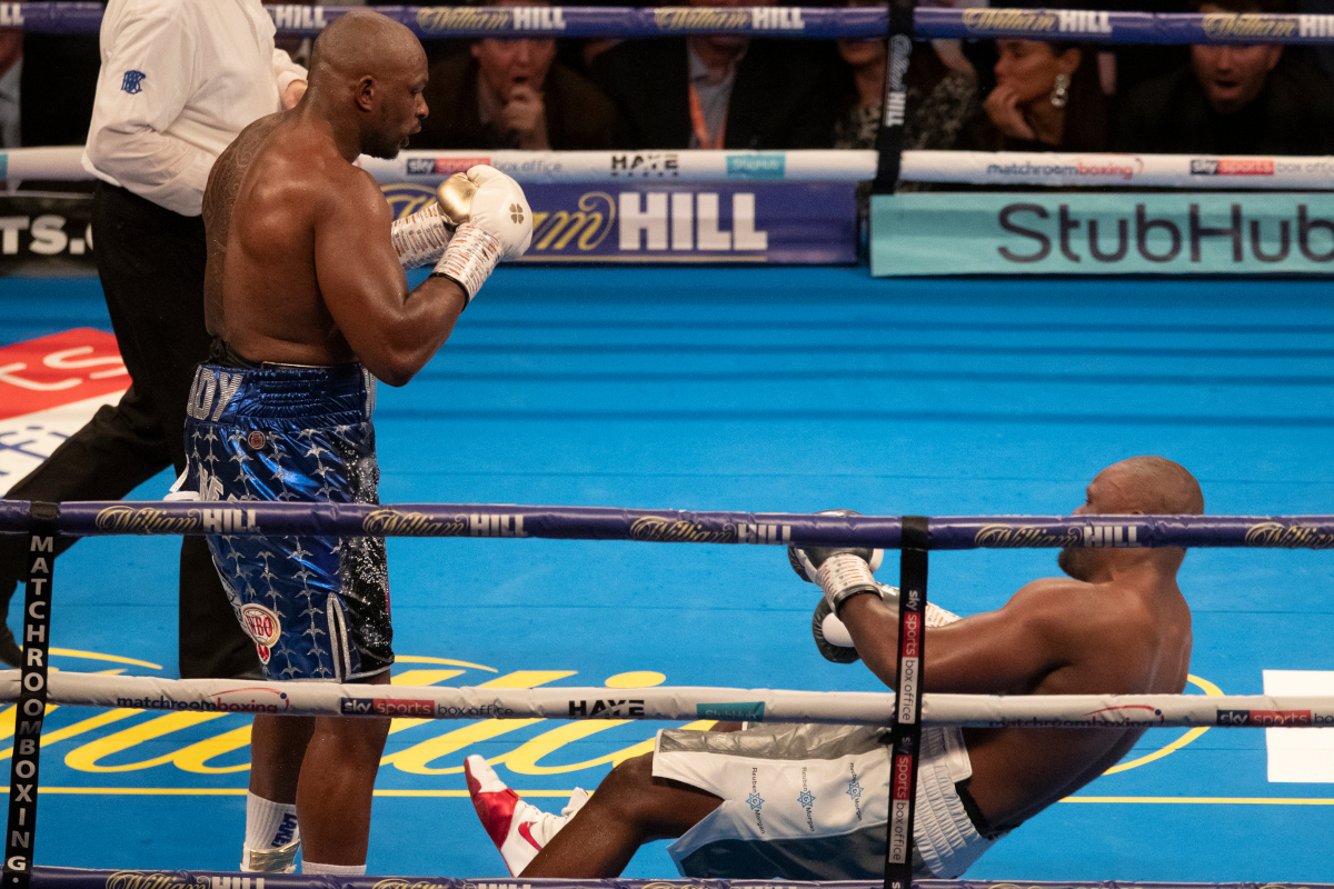 Chisora (right) falls to Whyte for the second time (Mark Robinson/Matchroom)