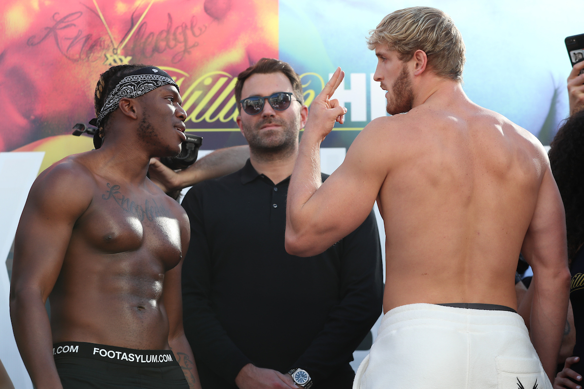 KSI (left) and Logan Paul at the weigh-in (Ed Mulholland/Matchroom Boxing)
