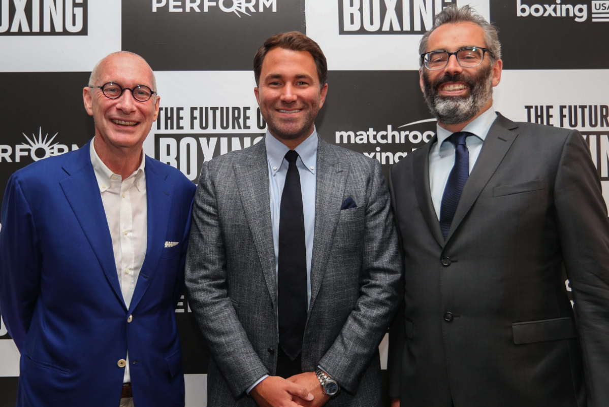 Eddie Hearn with Perform Group's John Skipper (left) and Simon Denyer
