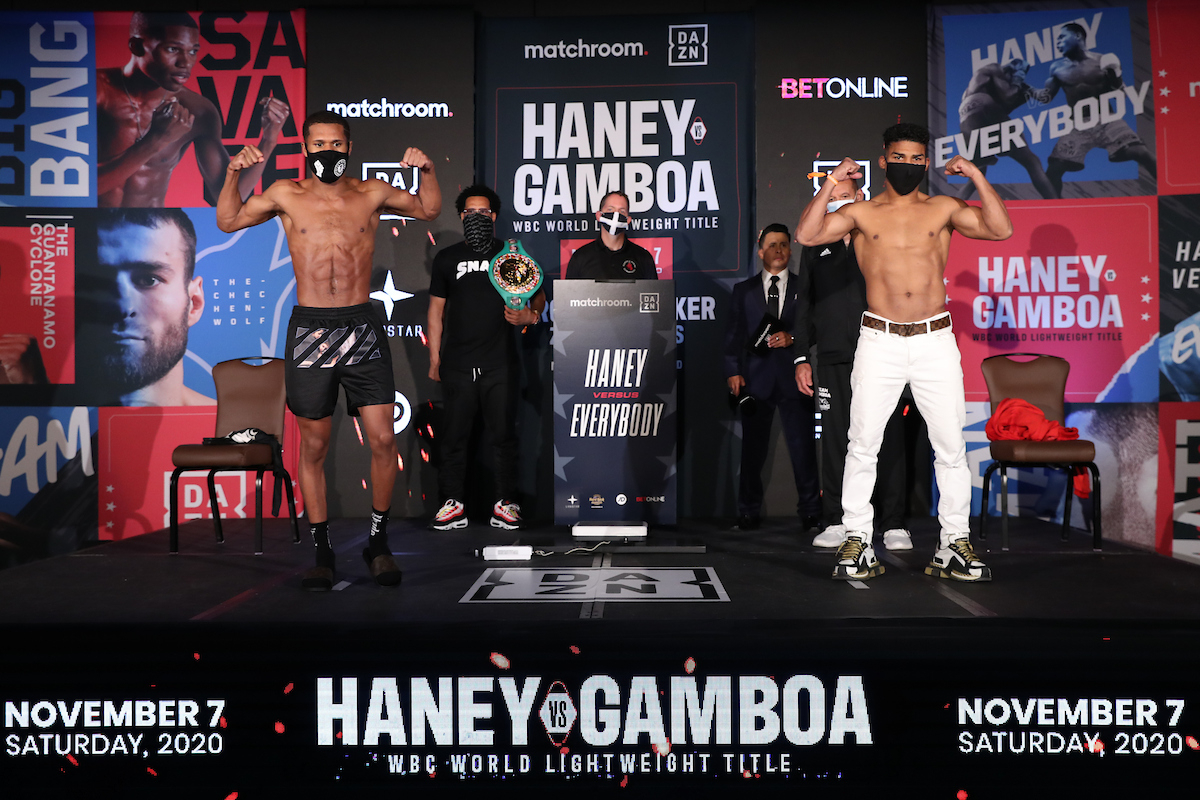 Devin Haney vs Yuriorkis Gamboa weigh-in (Ed Mulholland/Matchroom Boxing USA)