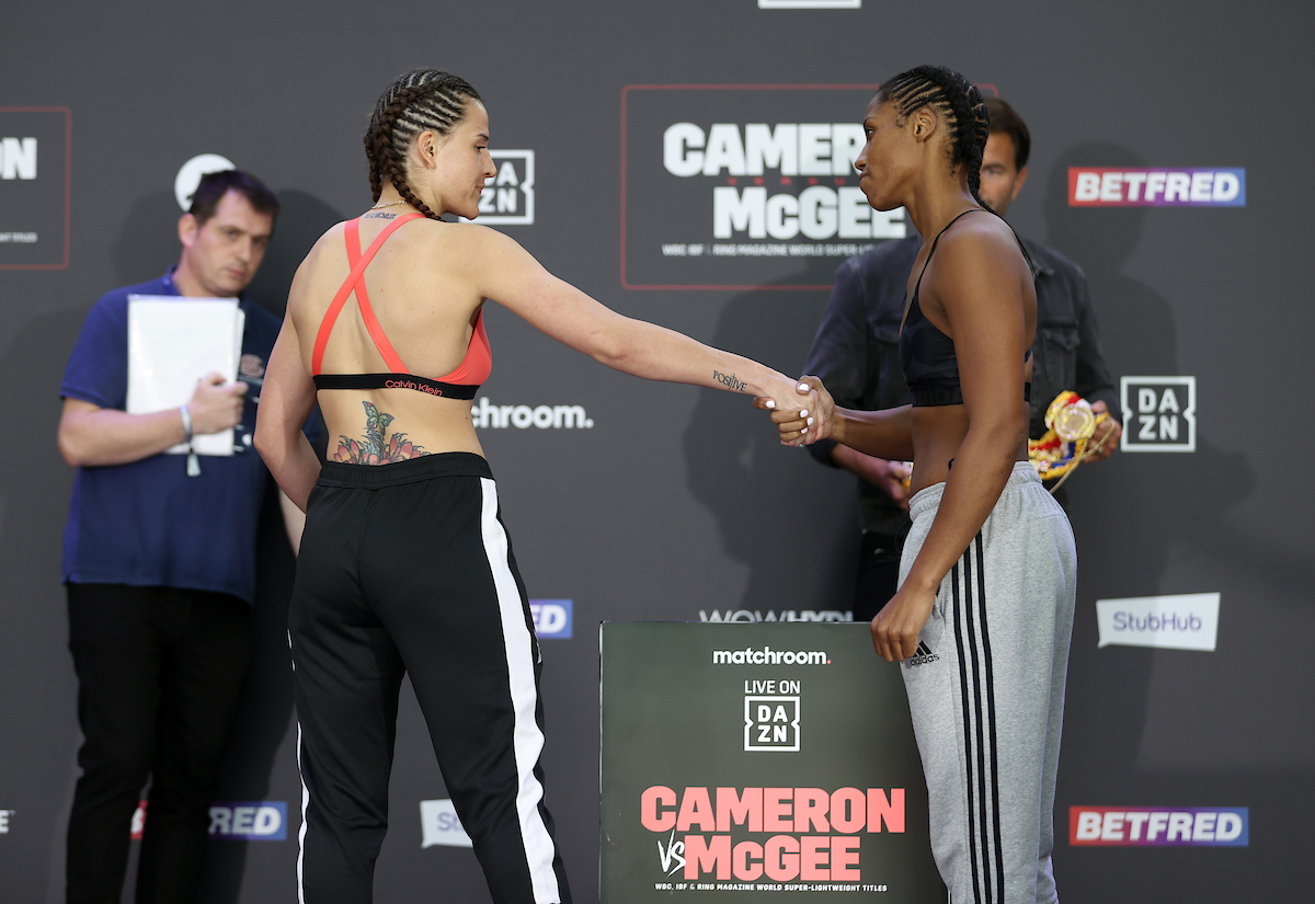 Chantelle Cameron vs Mary McGee weigh-in (Mark Robinson/Matchroom)