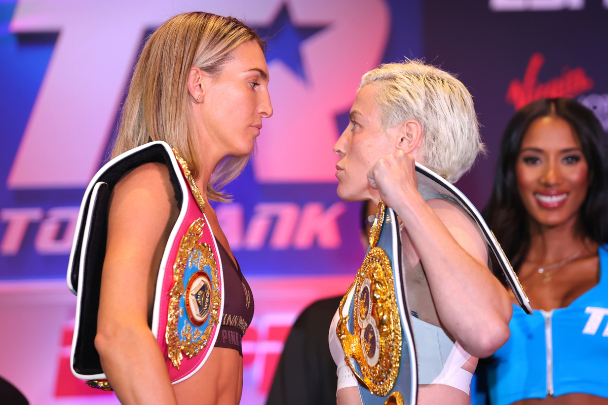 Mikaela Mayer vs Maiva Hamadouche weigh-in (Mikey Williams/Top Rank via Getty)