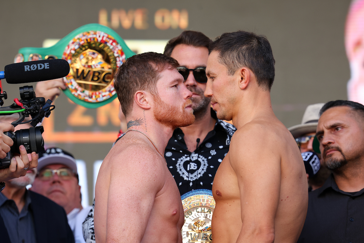 Canelo v GGG weigh-in photo by Ed Mullholland