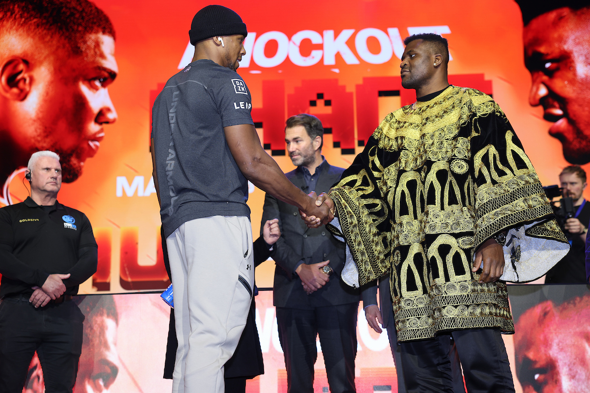 Joshua and Ngannou meet at the London launch press conference (Mark Robinson/Matchroom)