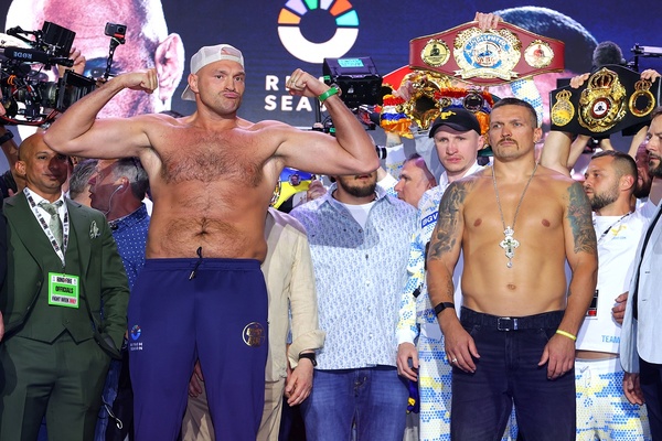 Champions Tyson Fury and Oleksandr Usyk weigh-in for tomorrow's big fight